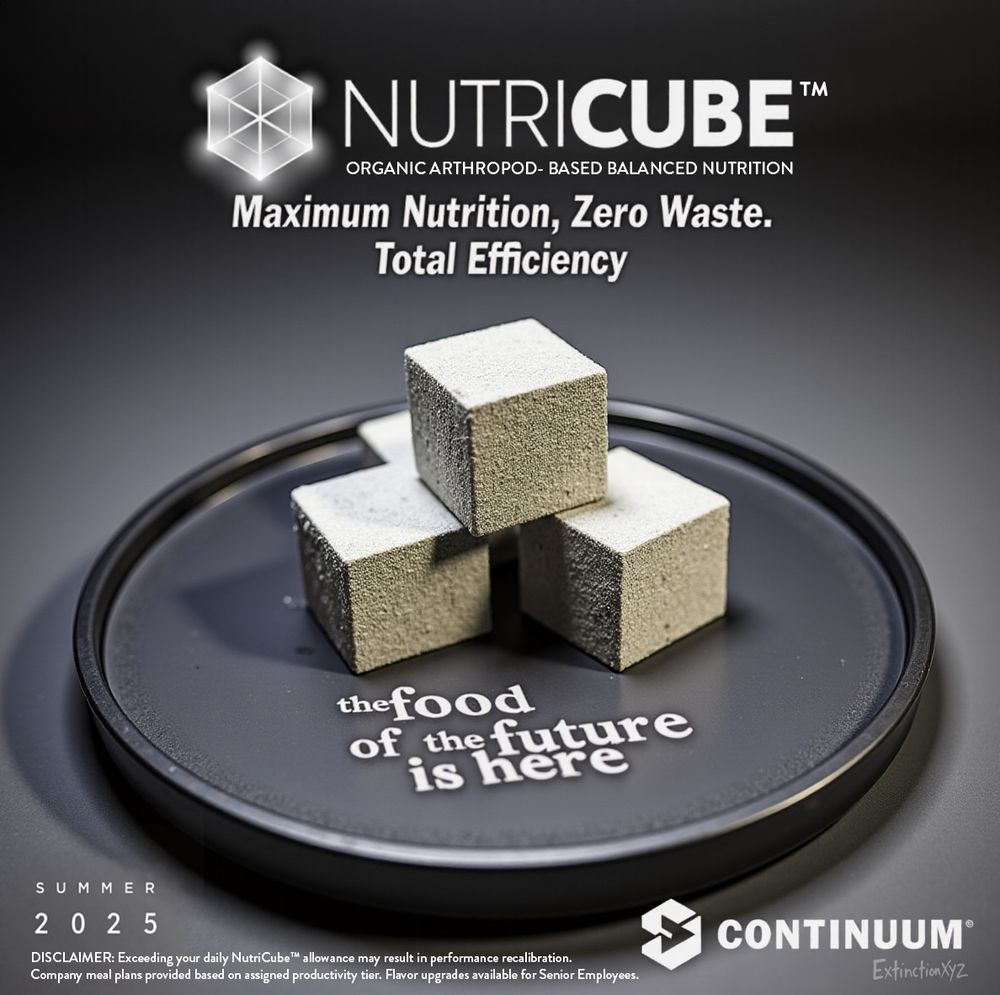 A sleek, dystopian corporate product advertisement for NutriCube™ Organic Arthropod-Based Balanced Nutrition, a futuristic meal replacement designed for efficiency over enjoyment. The ad features a black, minimalist plate holding a neat stack of four gray, textureless cubes, resembling compressed industrial rations. Above them, bold corporate text reads: 'NutriCube™ – Maximum Nutrition, Zero Waste. Total Efficiency.' Below, raised white text on the plate states: 'The food of the future is here,' giving the impression of a mandated corporate slogan rather than a choice. The fine print at the bottom adds to the eerie corporate control, warning: 'Exceeding your daily NutriCube™ allowance may result in performance recalibration. Company meal plans provided based on assigned productivity tier. Flavor upgrades available for Senior Employees.' The ad is framed with a sterile, high-tech aesthetic, complete with a glowing geometric logo for NutriCube™ and the ominous Continuum™ corporate branding in the corner, reinforcing the sense of a future where food is no longer about taste, culture, or choice—just pure, optimized fuel for a workforce that never stops.