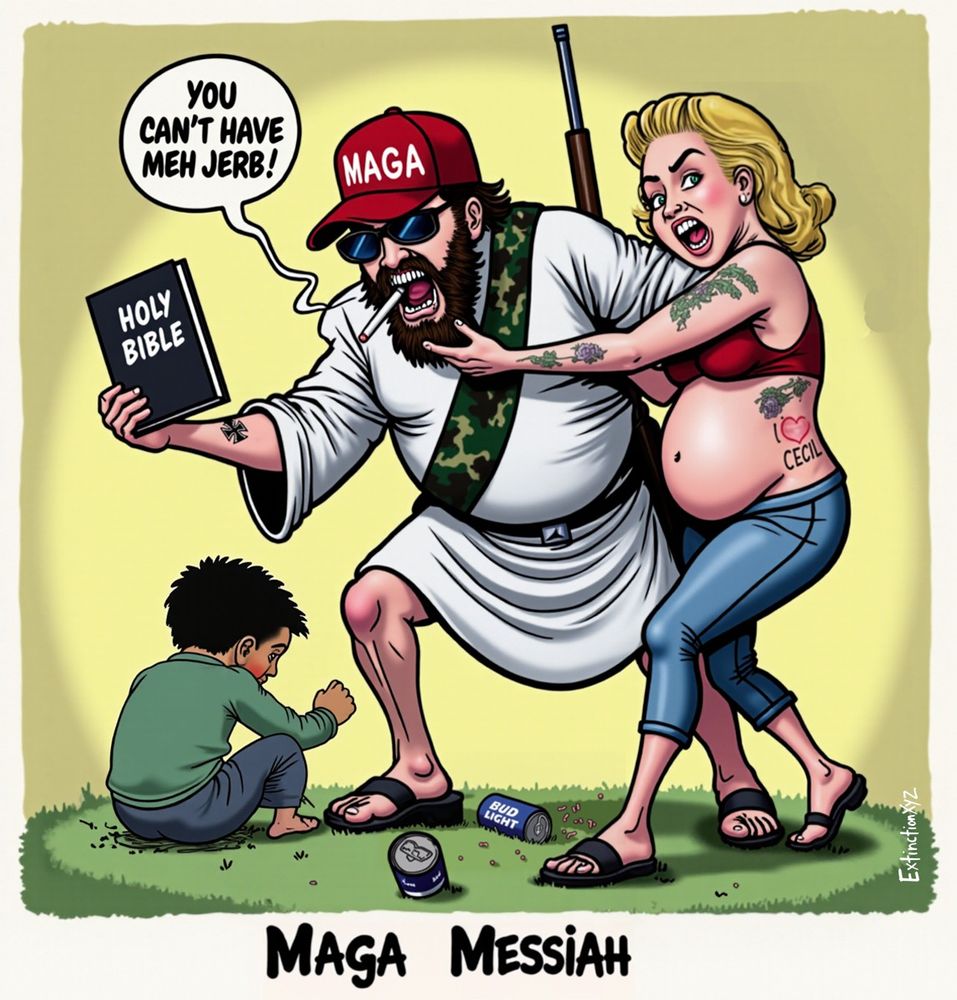 A caricatured man dressed as a biblical figure stands aggressively over a small child sitting on the ground. The man wears a red ‘MAGA’ hat, sunglasses, and a cigarette dangling from his mouth. He has a camouflage gun strap across his shoulder and is holding a Bible in one hand while shouting, ‘You can't have meh jerb!’ at the child.Behind him, a pregnant blonde woman in a red crop top and tight jeans pulls him back, looking panicked. She has multiple tattoos, including a prominent ‘I ❤️ Cecil’ tattoo on her stomach.The child, appearing poor and hungry, is hunched over in the dirt, while discarded beer cans, including a Bud Light, litter the ground nearby. The caption at the bottom reads ‘MAGA MESSIAH,’ emphasizing the satirical tone of the piece, which critiques hypocrisy and nationalism wrapped in religious imagery.