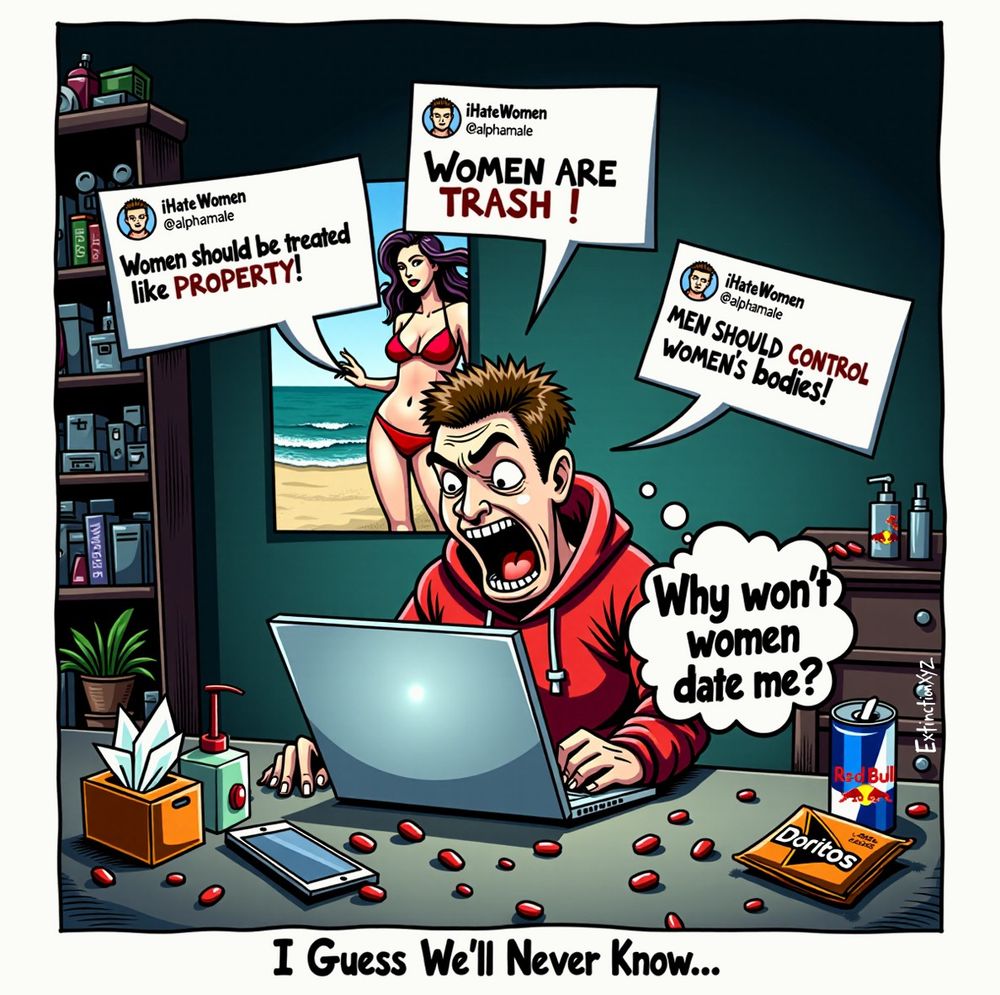 A satirical political cartoon depicting an angry young man in a red hoodie, sitting in a cluttered bedroom, furiously typing on his laptop. His face is contorted in rage, eyes bulging, sweat flying as he slams his keyboard. His desk is covered in scattered red pills, a smartphone, an open bag of Doritos, a can of Red Bull, and a bottle of lotion next to a box of tissues. Behind him, a poster of a bikini-clad woman hangs on the wall, contrasting with the misogynistic tweets floating around him. The tweets, all from the same account '@alphamale' named 'IHateWomen,' say: 'Women are TRASH!' 'Women should be treated like PROPERTY!' and 'MEN SHOULD CONTROL WOMEN'S BODIES!' Meanwhile, a thought bubble above his head reads: 'Why won’t women date me?' The bottom caption sarcastically states: 'I Guess We’ll Never Know...' The cartoon exaggerates the contradiction of online misogynists who openly hate women but are confused about their lack of romantic success.