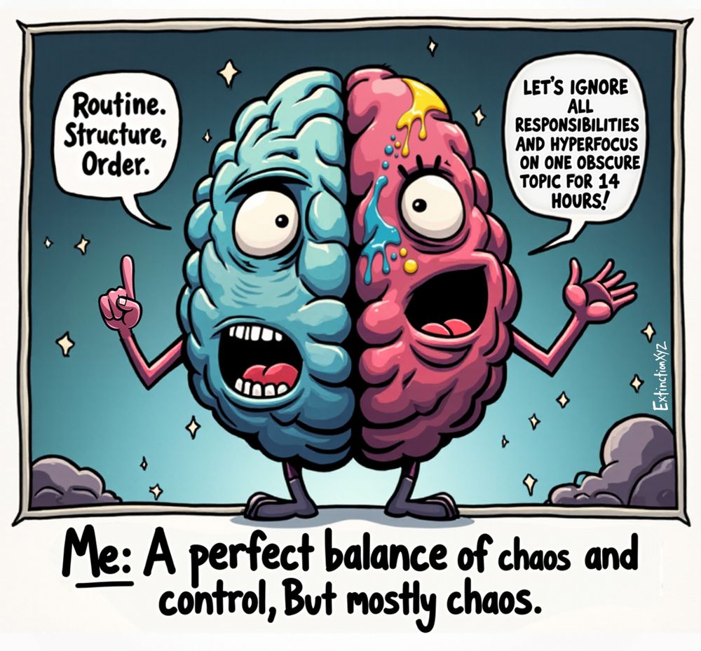 A cartoon illustration of a brain split into two distinct halves, each with exaggerated facial expressions and arms. The left side of the brain is blue, looking serious and slightly stressed, raising one finger as if giving a lecture. A speech bubble above it reads: 'Routine. Structure. Order.' The right side of the brain is pink, wild-eyed, with paint splattered on it, waving its hands excitedly. Its speech bubble reads: 'LET’S IGNORE ALL RESPONSIBILITIES AND HYPERFOCUS ON ONE OBSCURE TOPIC FOR 14 HOURS!' The background is a cosmic blue with small stars, giving a surreal feel. Below the brain, bold text reads: 'Me: A perfect balance of chaos and control, but mostly chaos.' The cartoon humorously represents the internal conflict of someone with both Autism and ADHD, struggling between rigid structure and impulsive hyperfocus.