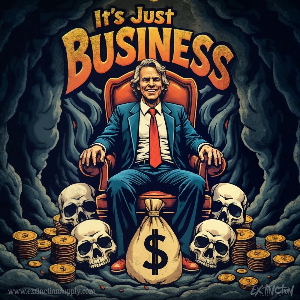 A smug businessman with slicked-back silver hair and a confident grin sits in a luxurious red throne inside a cave, legs spread, hands resting on the armrests like a king. He wears a crisp blue suit with a red tie, exuding power and control. At his feet are piles of gold coins and large, grinning skulls, symbolizing wealth built on death and exploitation. A bulging money bag with a giant dollar sign sits in front of him, emphasizing his hoarded riches. Above him, bold text reads 'IT'S JUST BUSINESS,' dripping with irony. The entire scene is a gritty, exaggerated satire of corporate greed and unchecked capitalism.