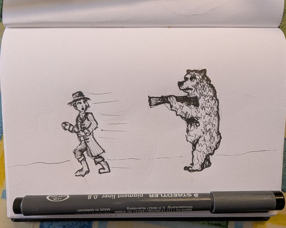 Small pen drawing of a frontiersman being chased by a large , upright bear , holding a blunderbuss 