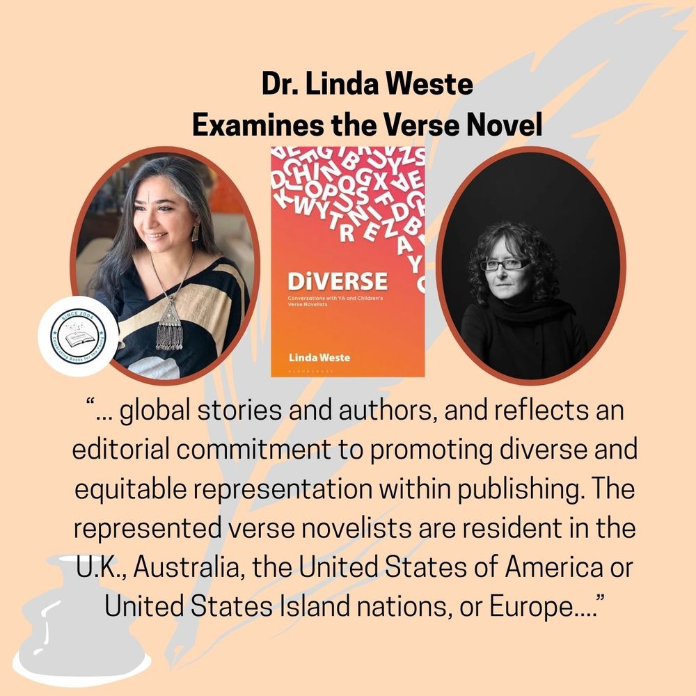 Headshots of Mitu Malhotra and Dr. Linda West, cover art for DiVERSE and quote: “… global stories and authors, and reflects an editorial commitment to promoting diverse and equitable representation within publishing. The represented verse novelists are resident in the U.K., Australia, the United States of America or United States Island nations, or Europe….”