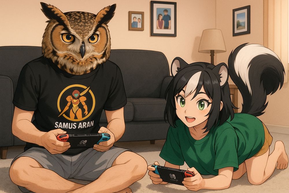 Bob and Pepper are on the floor of a living room playing Nintendo Switches