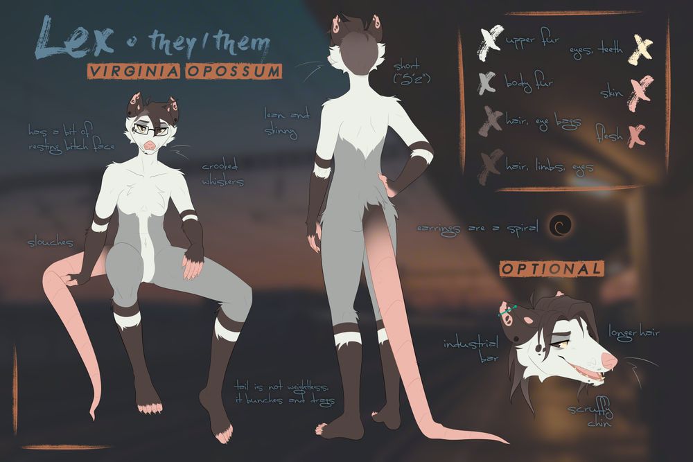 Design reference sheet for an anthropomorphic possum. Text around it reads "Lex - They/them. Virginia opossum. Has a bit of resting bitch face. Crooked whiskers. Slouches. Tail is not weightless, it bunches and drags. Lean and skinny. Short (~5'2"). Earrings are a spiral. OPTIONAL: longer hair, scruffy chin, industrial bar."