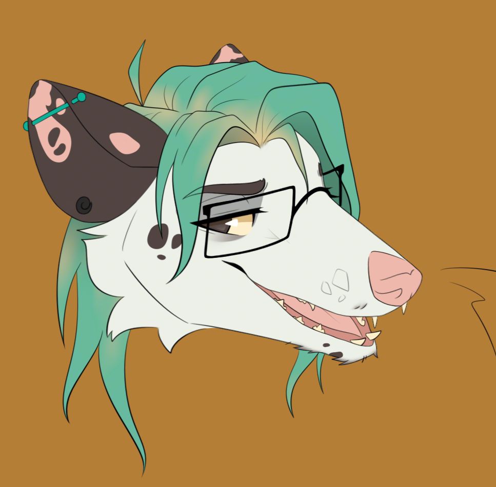 Drawing of a possum with earrings and glasses. Their hair is a sickly desaturated teal/green with uneven blonde patches