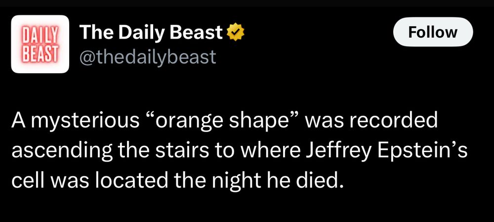 DAILY BEAST™
The Daily Beast v @thedailybeast
Follow
A mysterious "orange shape" was recorded ascending the stairs to where Jeffrey Epstein's cell was located the night he died.