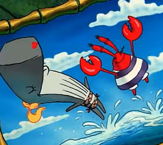 Mr Krabs and his daughter her having a good time at the beach