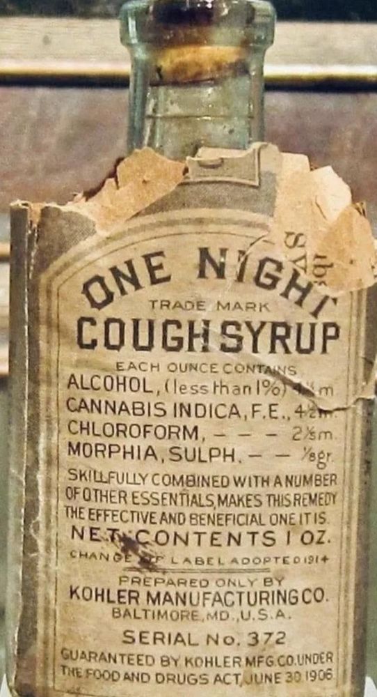 old timey bottle of cough syrup containing alcohol, cannabis, chloroform, and morphine 