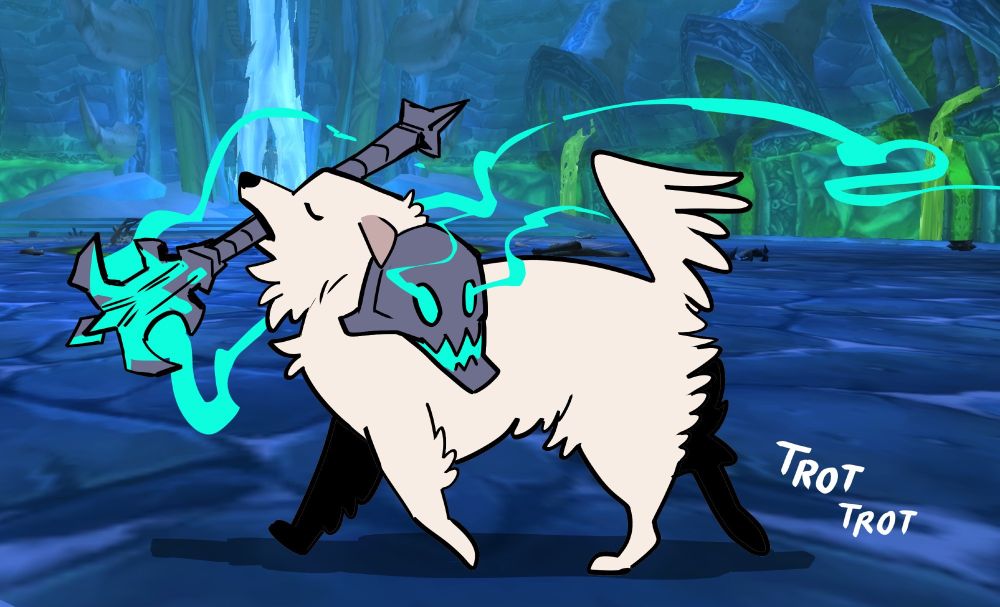 a great pyrenees wearing warrior armor and carrying might of menethil while he trots through naxx in world of warcraft 