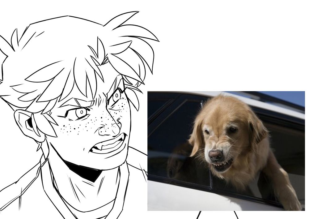 simon and a golden retriever baring their teeth 