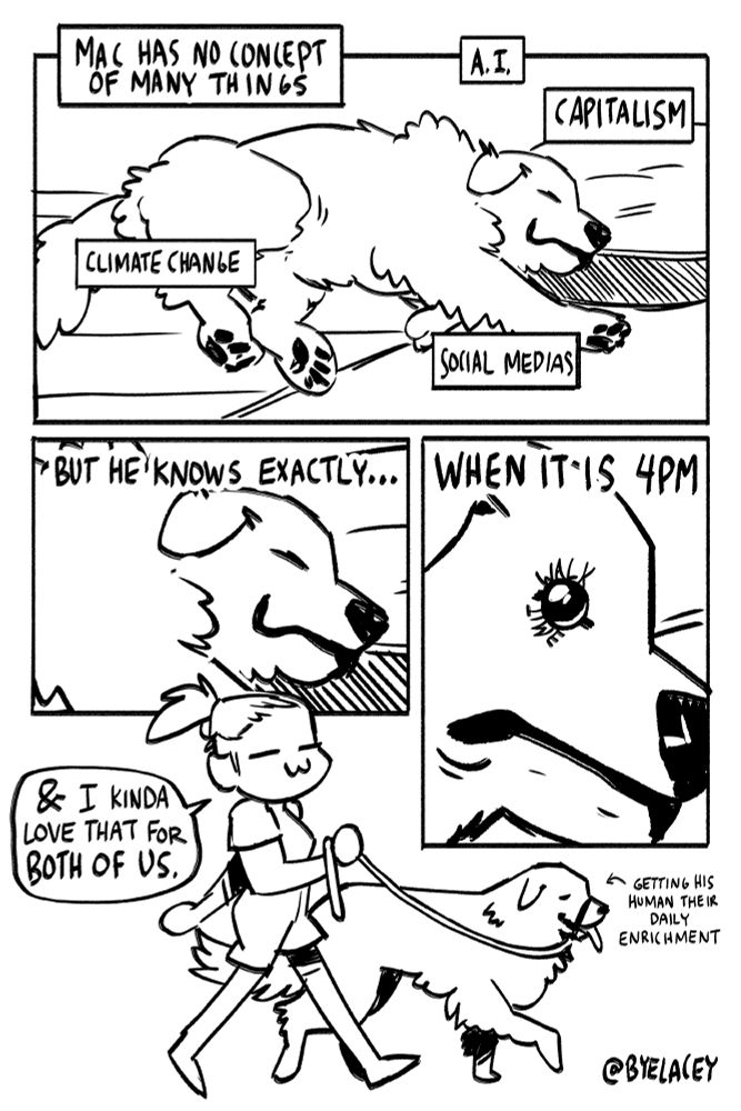 first panel: mac has no concept of many things. ai, capitalism, climate change, social medias. (the black and white drawing is of a sleeping dog)
second panel: but he knows exactly ... (a zoomed in sleeping dog)
third panel: when it is 4pm. (zoomed in further, highlighting the dogs open eye with "walk time" written in as eyebrows)
fourth open panel: & I kinda love that for both of us. (a woman walking a fluffy white dog. an arrow points at the dog reading: getting his human their daily enrichment)