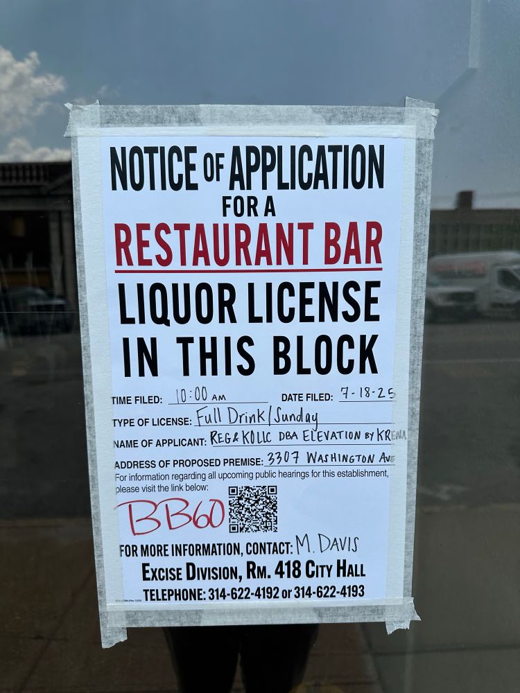 Liquor license application notice for a business called Elevation by Krena posted on glass front door