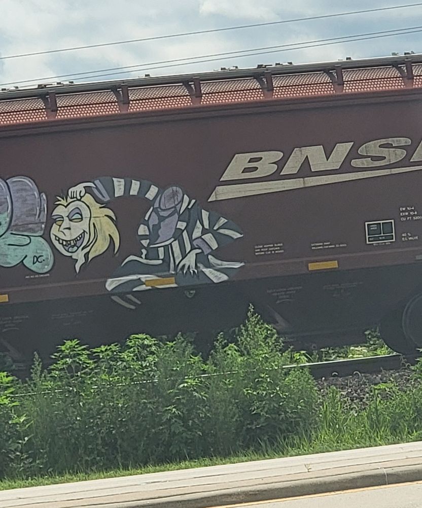 Very dope graffiti art of Beetlejuice on the side on a BNSF train. 