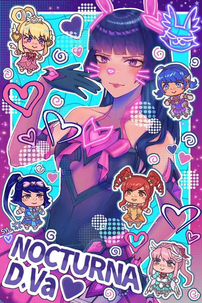 Magical girl poster of the dokiwatch skins from overwatch. D.Va is in the middle while the other girls are chibis surrounding here with hearts, swirls, and dot accessories. "Nocturna D.Va" is written in the bottom left. 