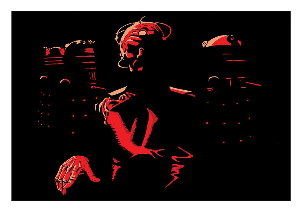 Davros and three Daleks in darkness, lit by a red light. Art by Scott Gray.