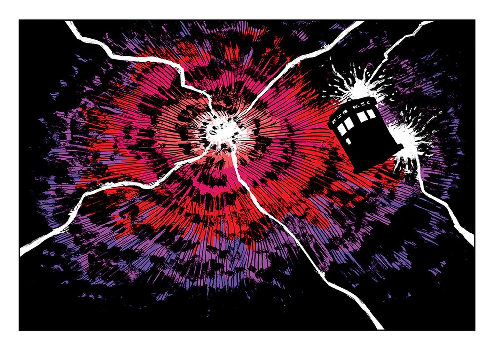 The TARDIS flies through a storm inside the space time vortex. Art by Scott Gray.