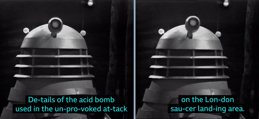 A Dalek says, "Details of the acid bomb used in the unprovoked attack on the London saucer landing area."