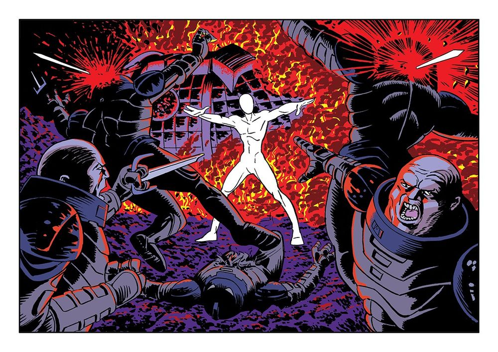 The Sontarans battle the Raston Warrior Robot against a background of a spaceship on fire. Art by Scott Gray.