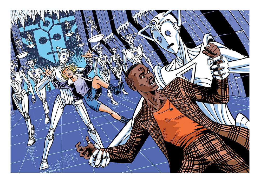 A Doctor Who scene. Ruby Sunday and the Doctor are caught by the Cybermen. Art by Scott Gray.