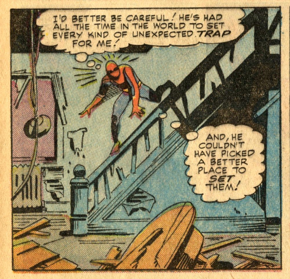 Spidey balances on a stair rail in an abandoned room. Steve Ditko art from Amazing Spider-Man #34.