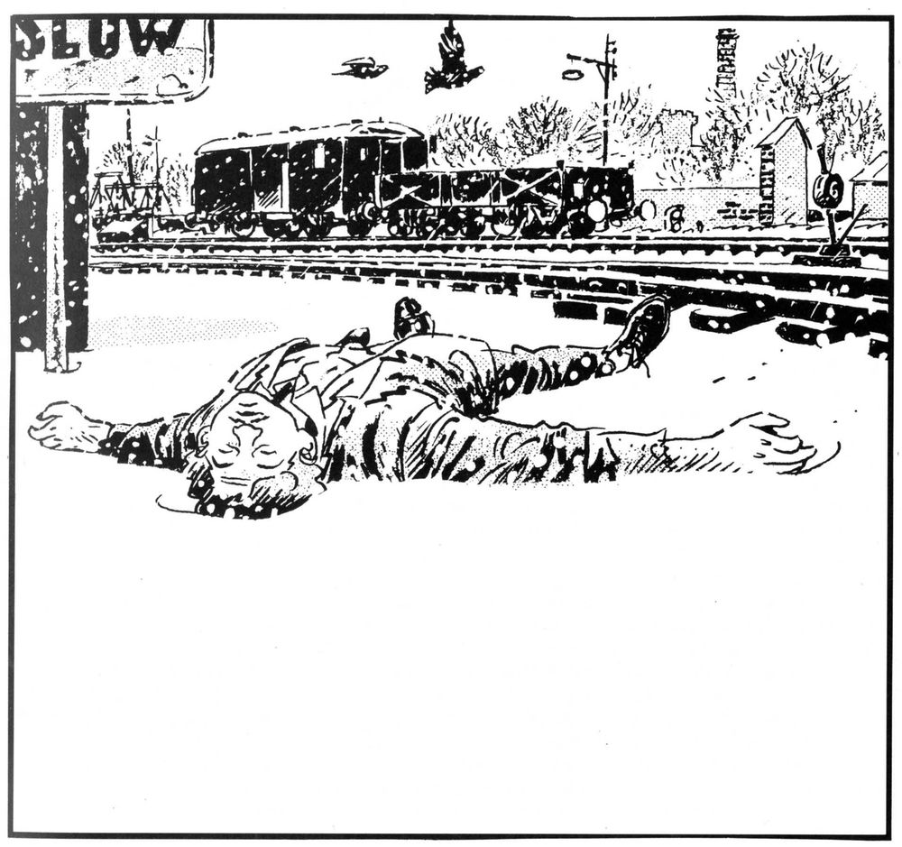 A man lies in the snow near some railroad tracks. Art by Alfonso Font.