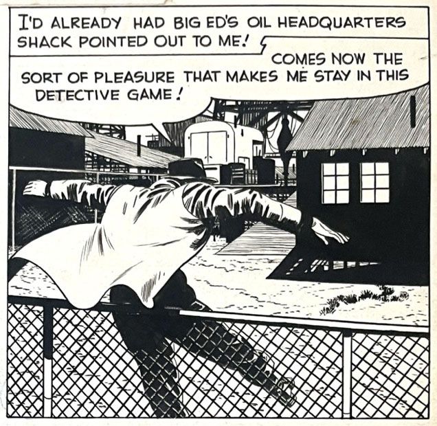 A man in a coat and hat jumps over a fence at night. Art by Alex Toth.