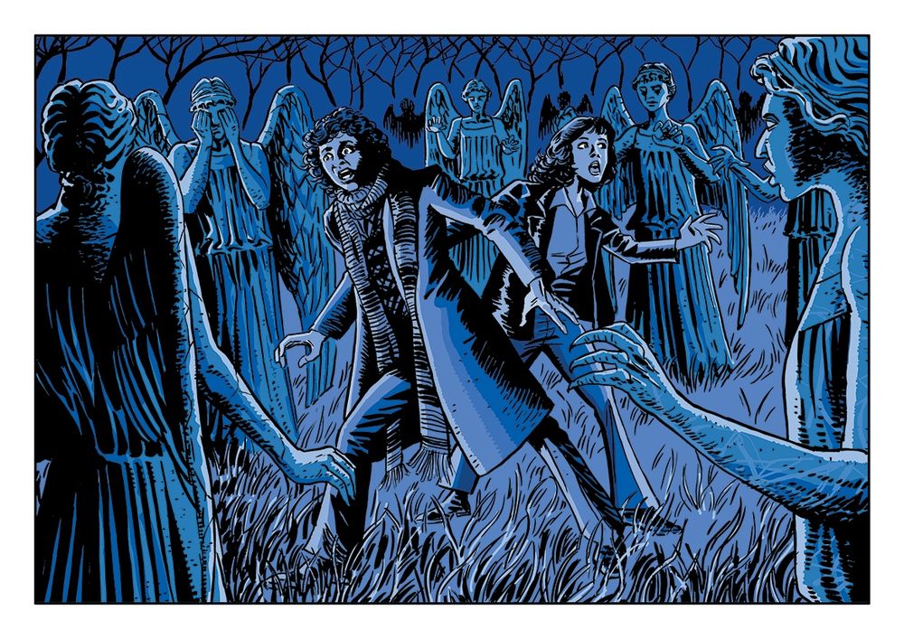 The Fourth Doctor and Sarah Jane Smith in a cemetery surrounded by Weeping Angels. Art by Scott Gray.