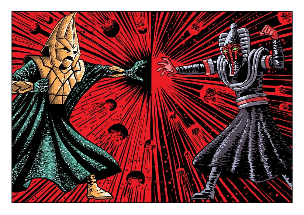 A Doctor Who scene. Omega battles Sutekh across two universes. Art by Scott Gray.