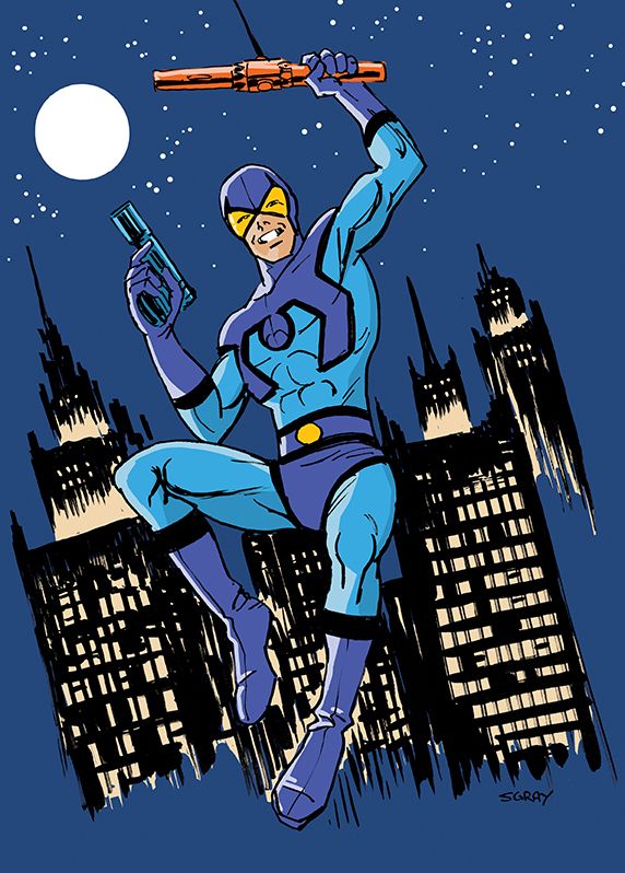 The Blue Beetle is smiling and holding his pistol. Buildings at night are behind him. Art by Scott Gray.