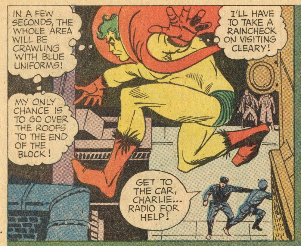 The Creeper leaps between buildings. Two policemen are visible below him. Art by Steve Ditko.
