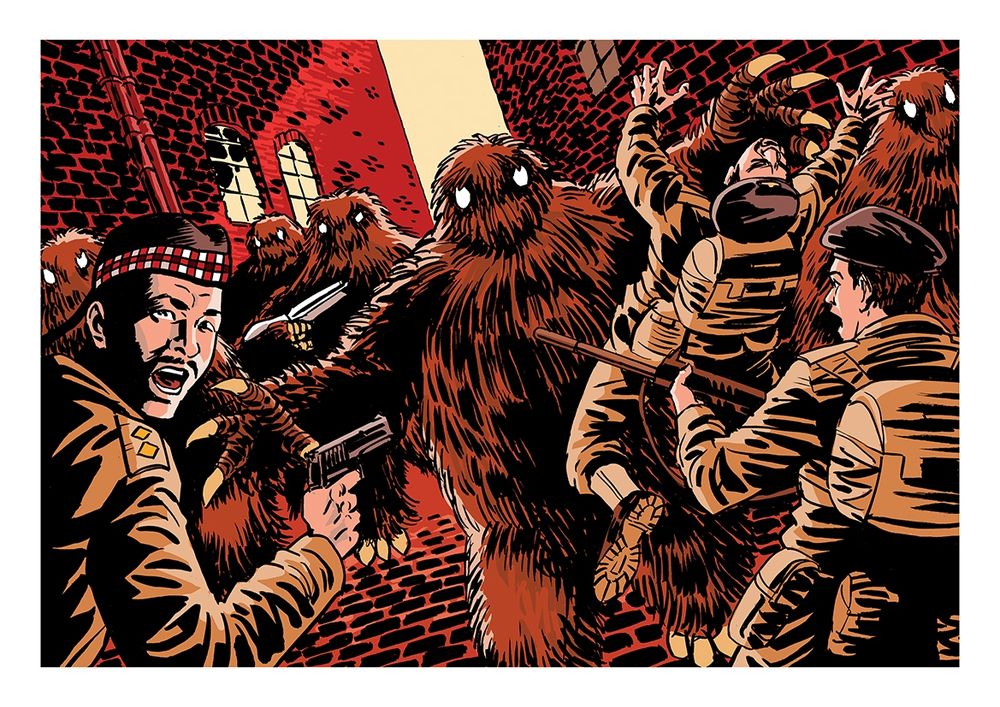 A Doctor Who scene. Colonel Lethbridge-Stewart and his soldiers battle the Yeti in Covent Garden. Art by Scott Gray.