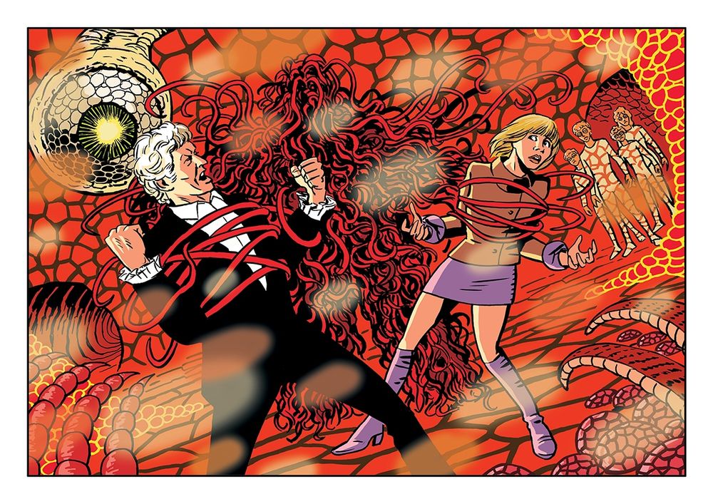 The Third Doctor and Jo Grant struggle to free themselves in a scene from The Claws of Axos.