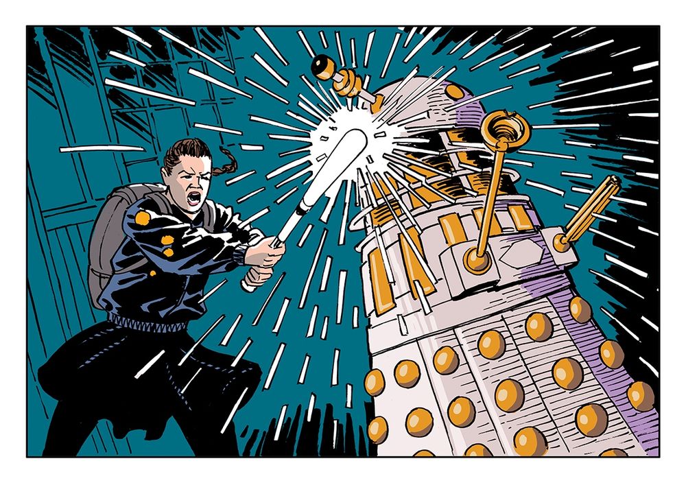 A Doctor Who scene. Ace hits a Dalek with a super-charged baseball bat. Art by Scott Gray.
