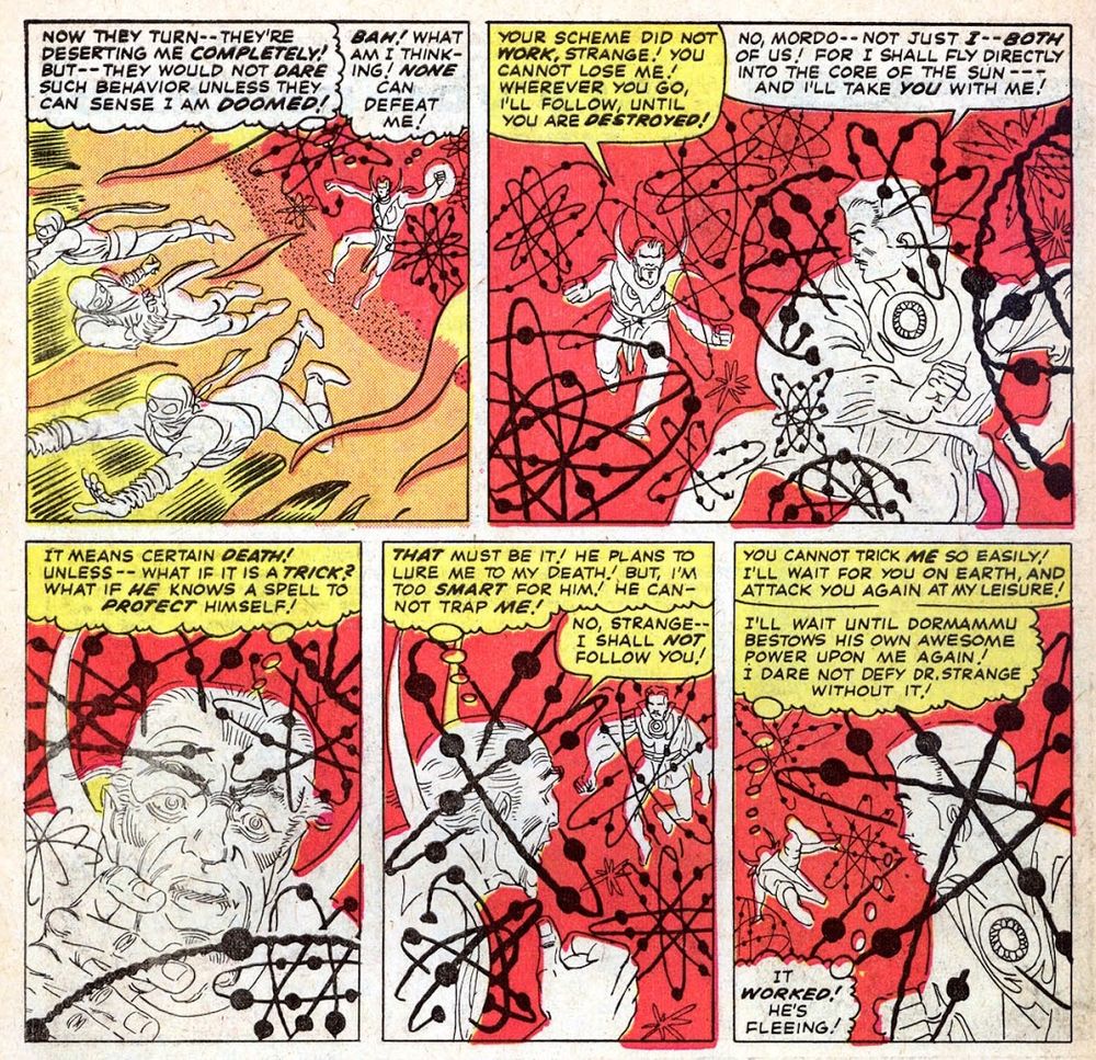 A scene from Strange Tales #134 by Steve Ditko. Dr Strange flies into the sun to evade Baron Mordo, who is forced to retreat.