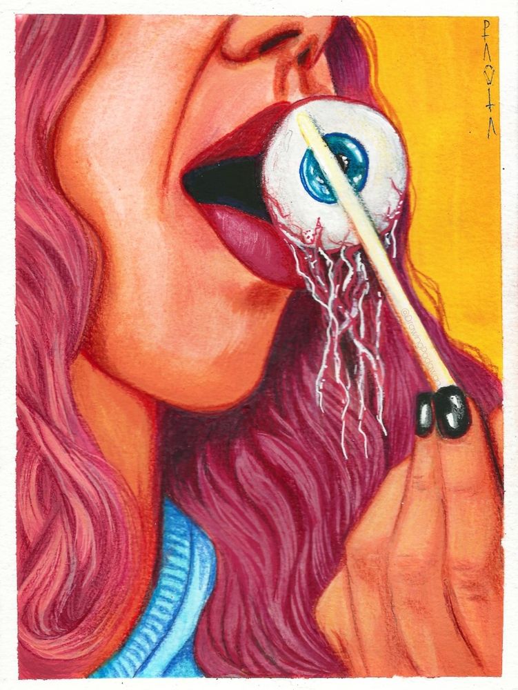 Ilustración en gouache sobre papel para acuarela. Un plano corto de una mujer comiendo un ojo con palillos, como si fuera un rollito de sushi. 