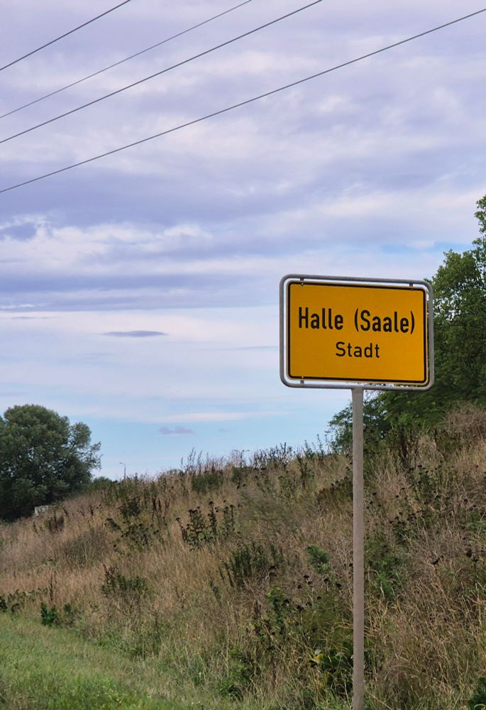 Farbfoto. Im unteren Teil ein flacher Hügel mit trockenem Rasen der sich nach rechts erstreckt darauf 2 grüne Büsche. Im oberen Bildteil blau-grau bewölkter Himmel. In der linken oberen Ecke Stromkabel. In der rechten Ecke das Ortseingangsschild von Halle/Saale.