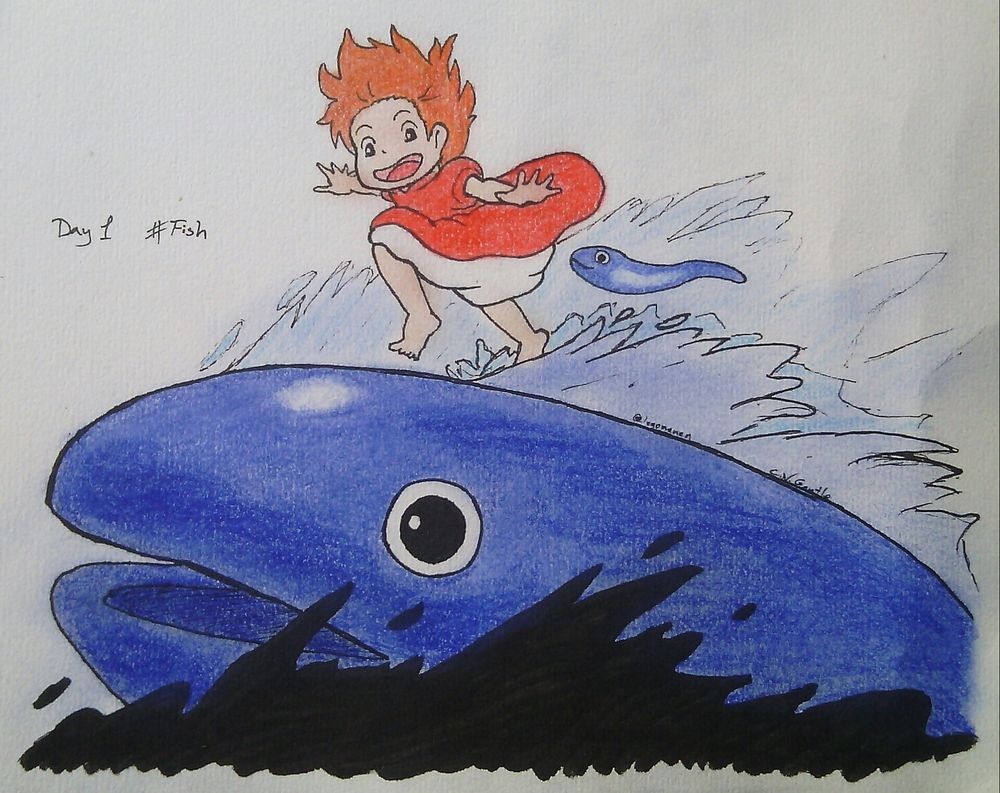 Character Ponyo running on a giant fishlike creature (waves of the ocean personified)