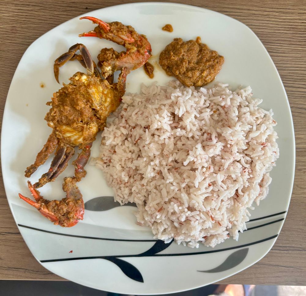 A plate of rice and crabs made in Konkani style gravy 