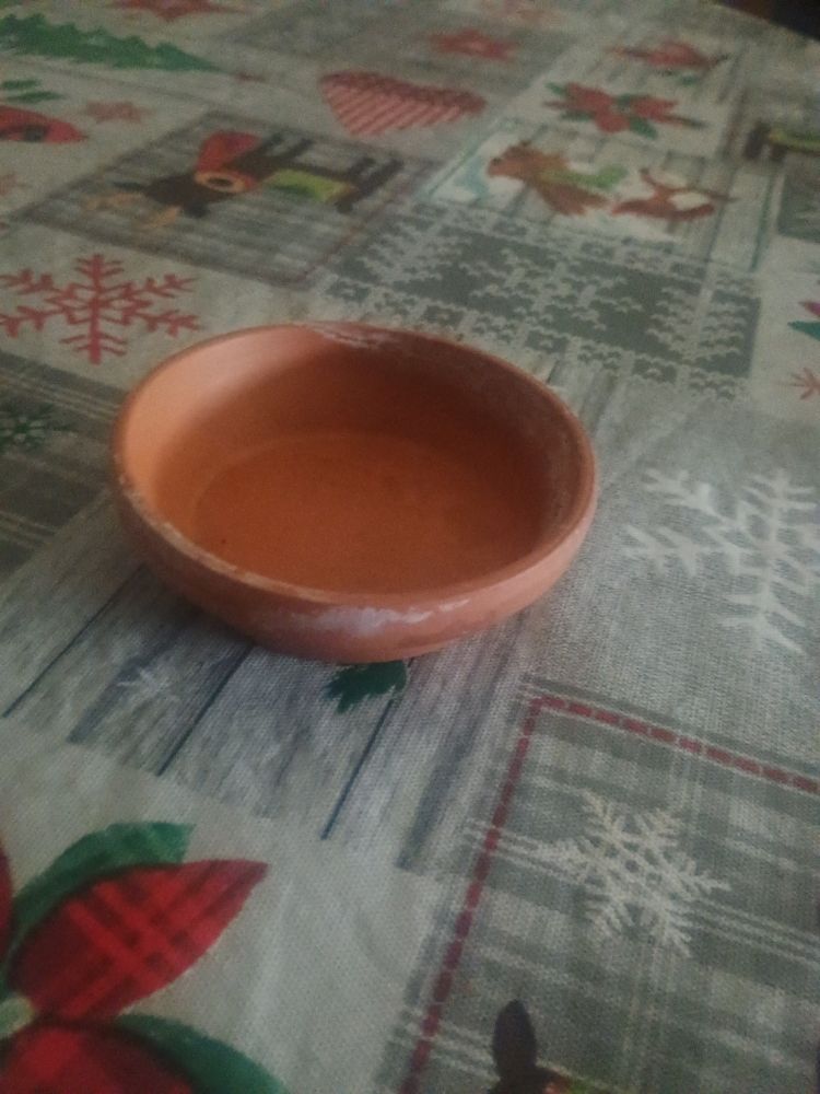 A small clay plant saucer on a table with a festive Christmas tablecloth.