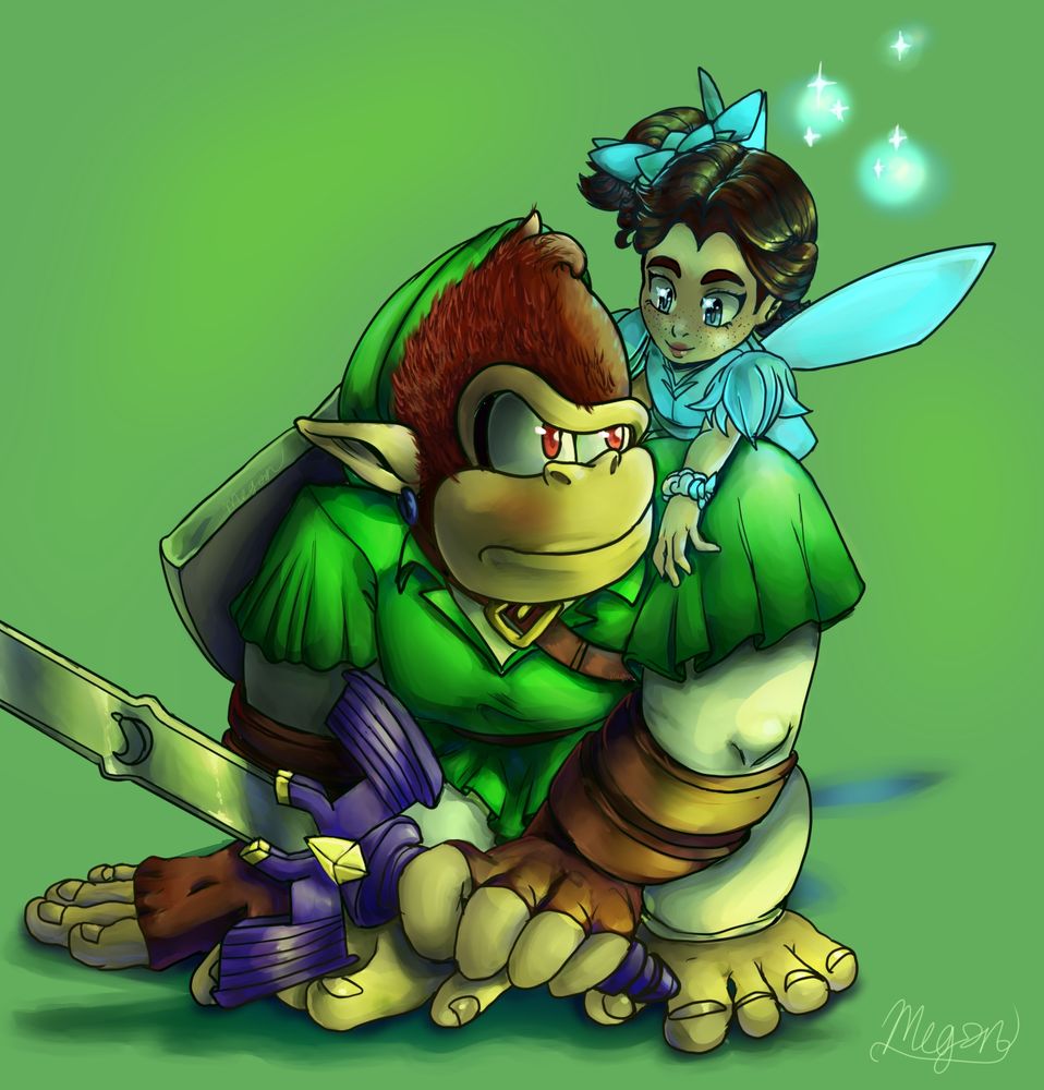 DK's modern design and teenage Pauline, recent Donkey Kong game, Donkey Kong in Ocarina of Time Link's outfit holding the master sword, giving funny look to Pauline, Pauline in a Navi Outfit with three sparkles next to her. 