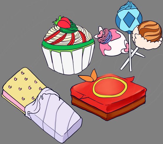 Left to Right: Strawberry Ice Cream Sandwich, Multi-Colored Cupcake (green, red, white colors) with a heart shaped strawberry, three cake pops themed on Eevee, Sylveon, and Glaceon, and a red frosted chocolate brownie with a yellow circle and two orange leaf petal shapes.