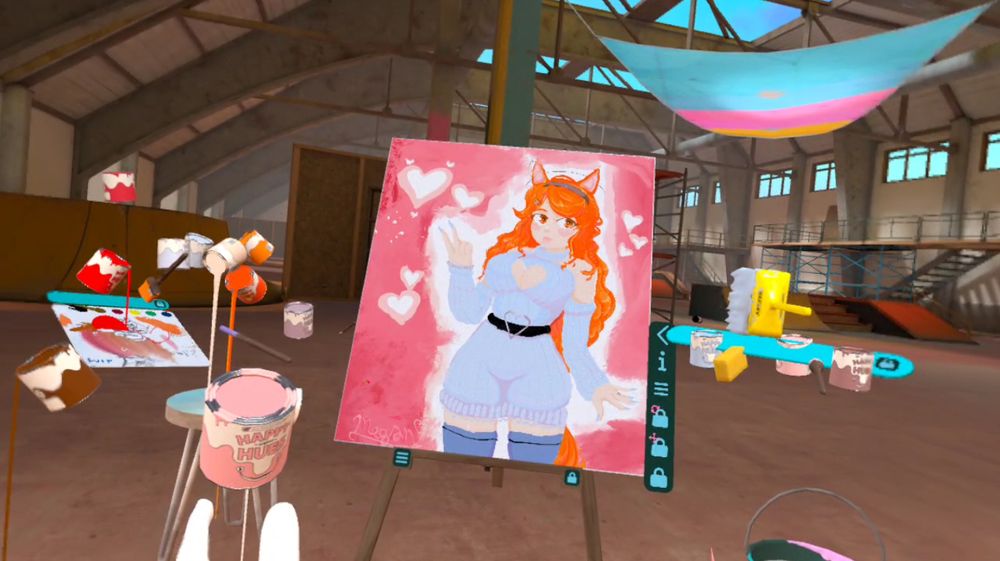 Screenshot of a VR Painting game, Several cans of paint everywhere, Artwork of Luchajin in the middle of the screenshot.