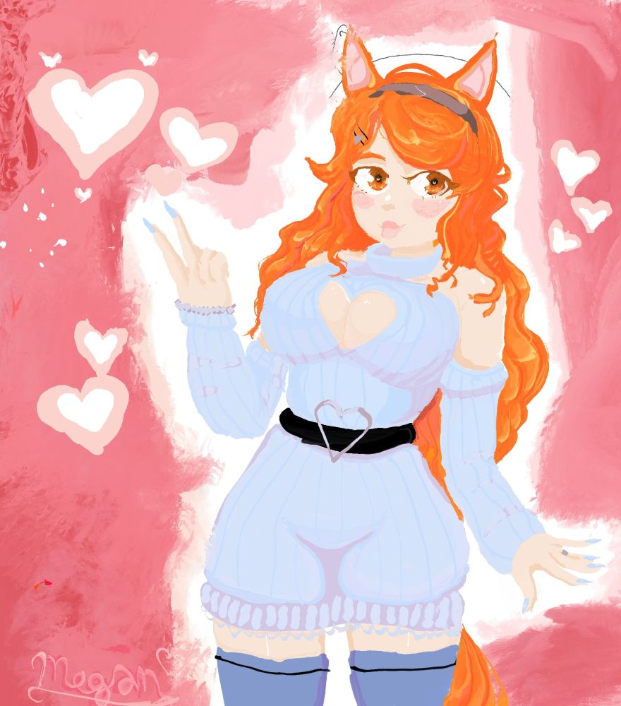 Lucahjin, Horse Themed Character, Blue Sweater Dress with Belt, Orange Hair with Tail, Horse Ears, Two Hair Clips, Peace Sign, Dark-ish Blue Thigh Highs, VR Painting