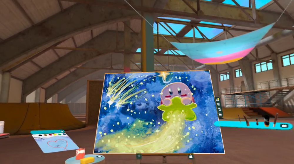 Kirby on a Warp Start in a Galaxy, but in a screenshot of PaintingVR, a game played on a VR Headset.