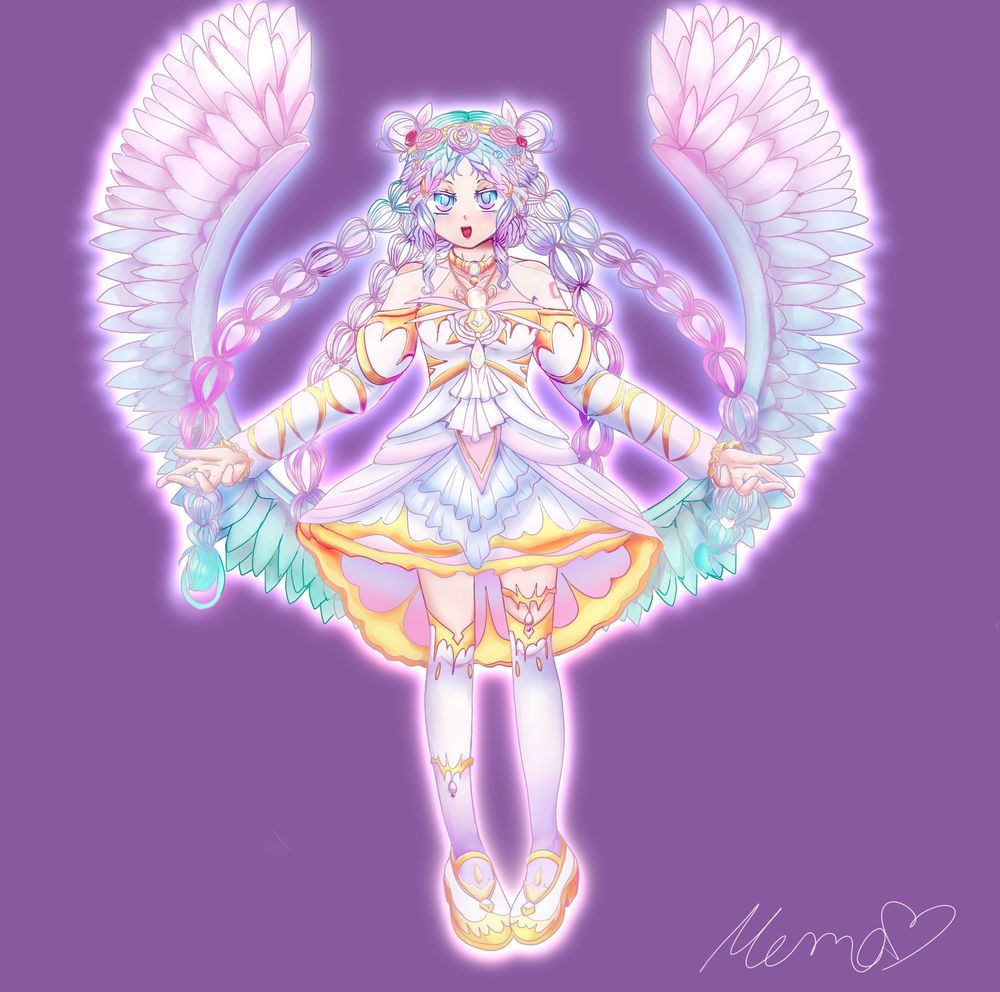 Goddess Hatsune Miku, Multi-Colored Wings, Hair, and Outfit. Rainbow Colors. Golden Details in Several Spots. Braided Hair, Loop Hair (Is that what you call it?).