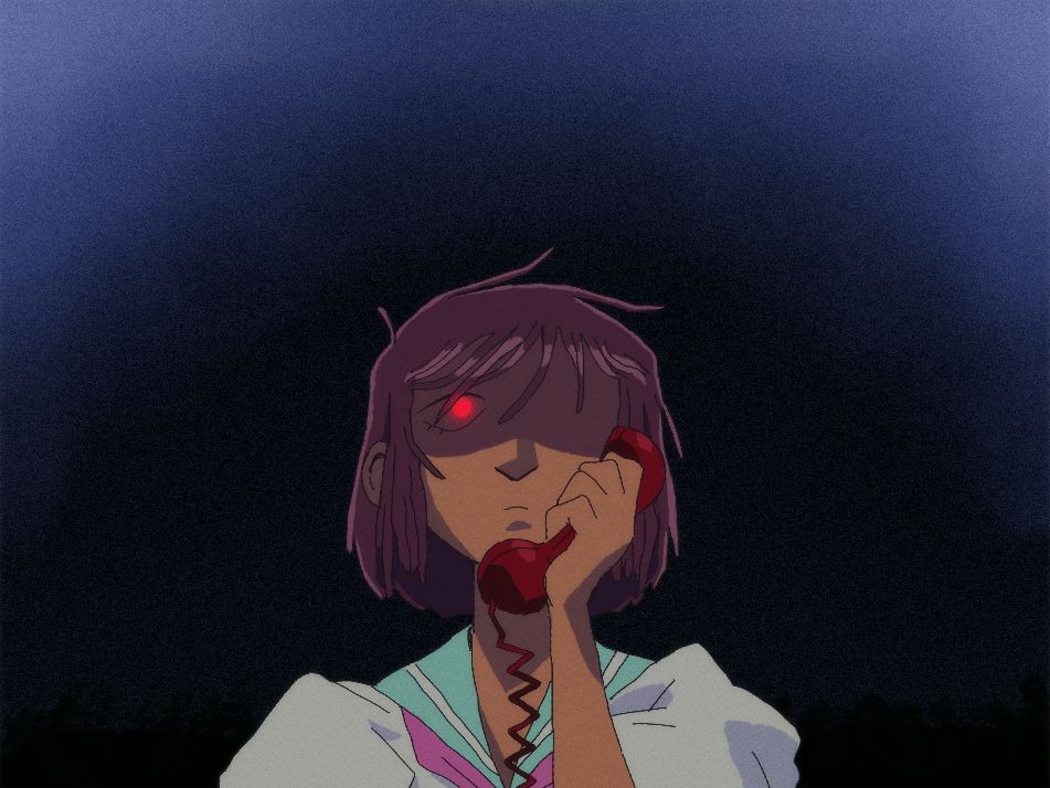 art redrawing a screenshot from revolutionary girl utena with deltarune characters. in this one, kris is in place of anthy, and they are speaking on a red telephone in a dark room, one of their bright red pupils visible and glowing through the shadows covering their face.