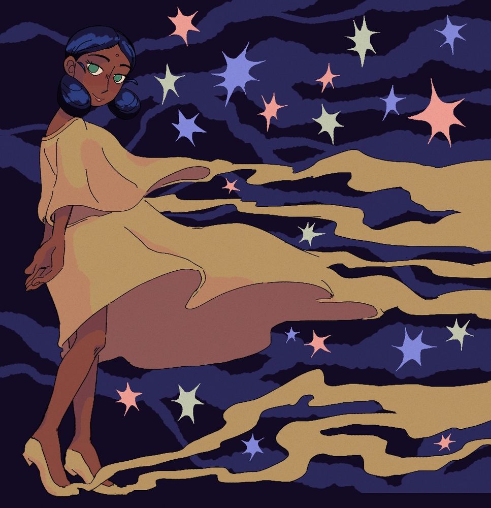 art of lalah sune from mobile suit gundam. she is standing on the left side of the canvas and smiling slyly with her hands hanging behind her back. her yellow dress is billowing in the wind, and both the dress and her matching yellow shoes fade into smoke. in the background are various bursts of multicolored light.