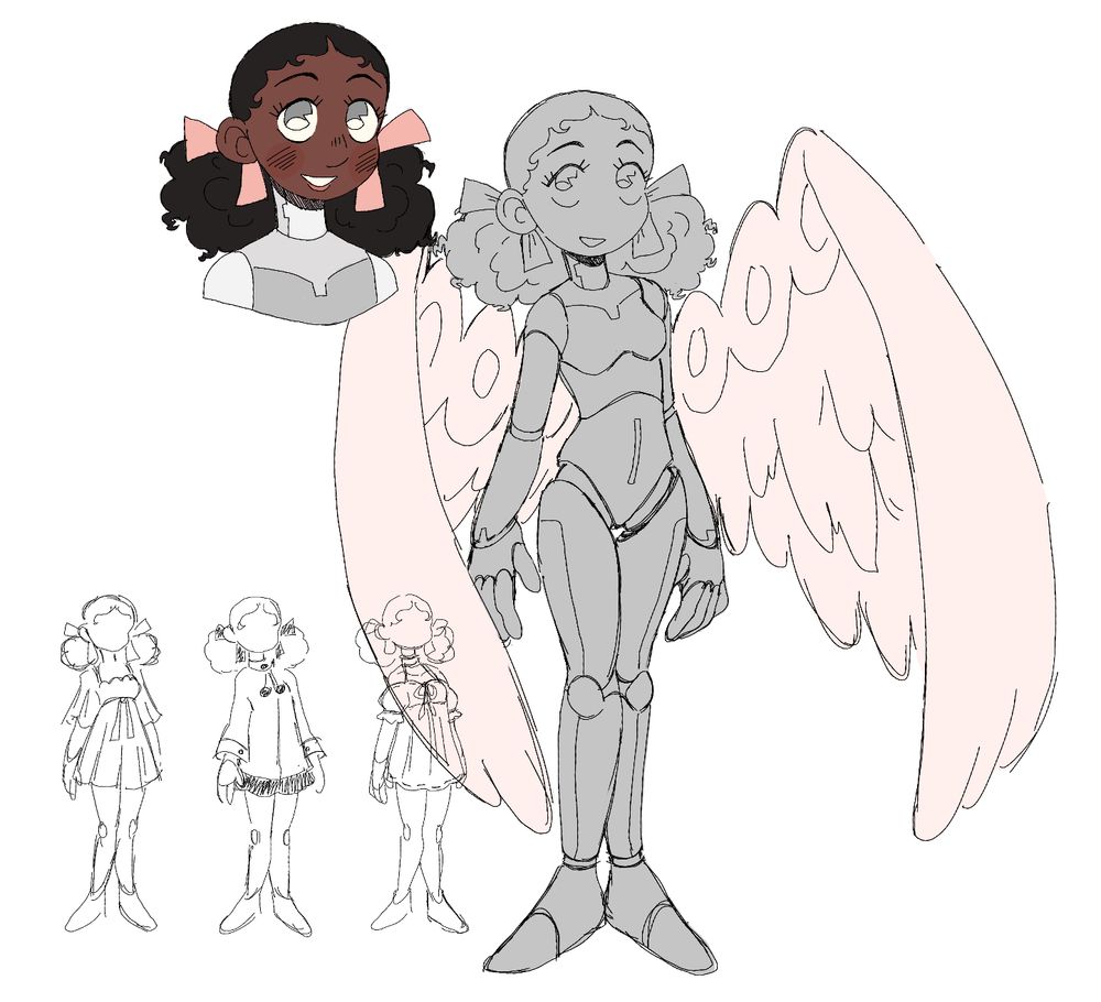 more drawings of the girl, a slightly more detailed headshot where you can see she is also wearing light pink lipstick, next to a full body drawing that is not fully colored in but shows what she looks like underneath the dress (also entirely robotic). to the lower left are three small doodles of designs for different dresses she could wear.