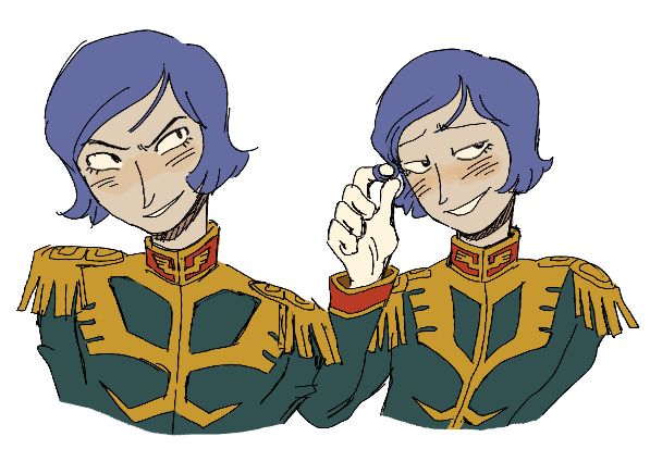 two drawings of garma zabi from the chest up. in one he is smiling and in the other he is twirling his hair and blushing slightly.